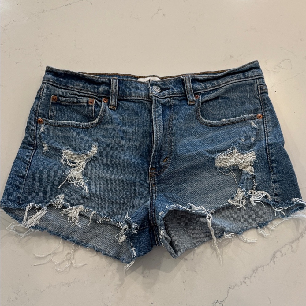 Abercrombie & Fitch Ripped Denim Shorts (The Mom Short Mid Rise)
